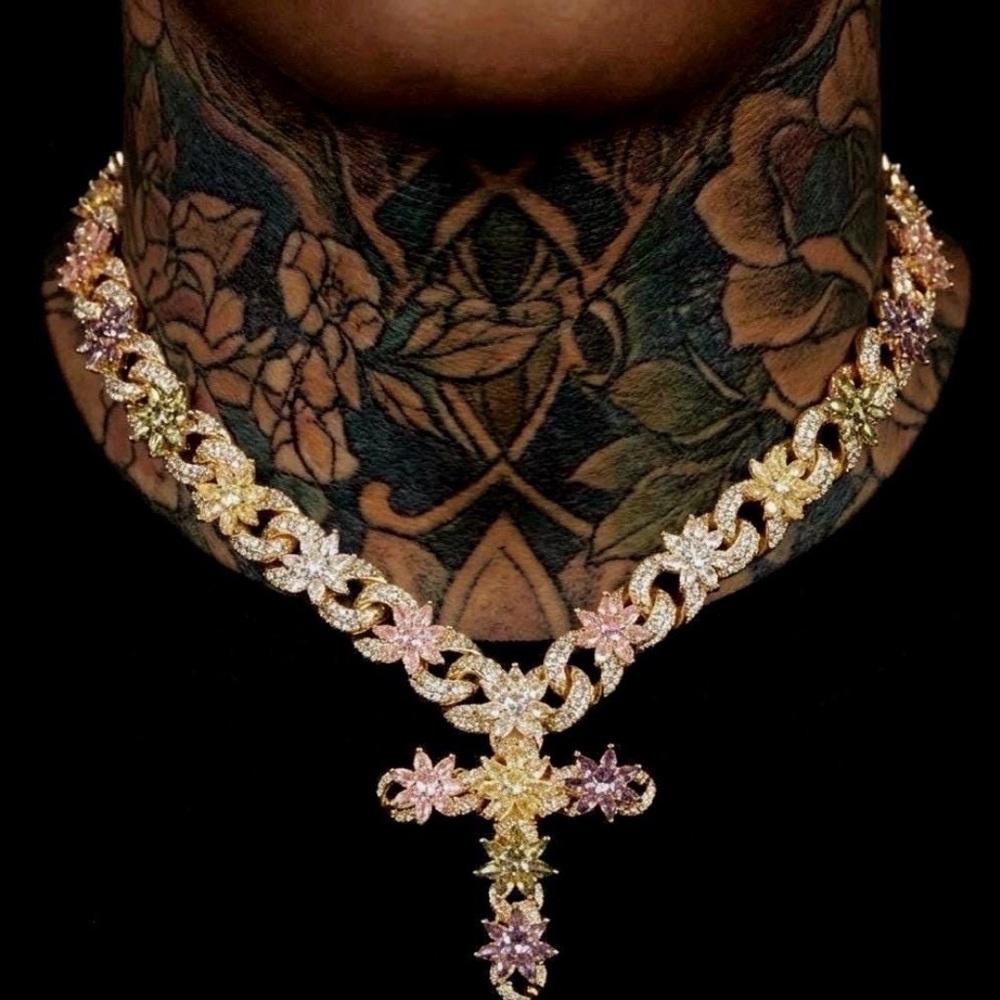 Multicolor Floral Cross Cuban Chain Necklace - Women Jewelry 20inch